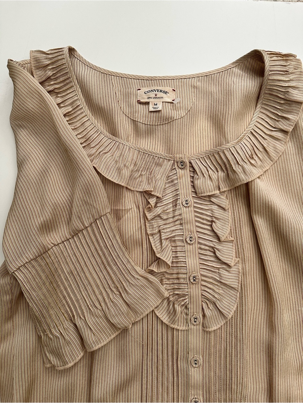 Converse John Varbatos Silk stripe Cream gold Ruffle Button-Front Blouse